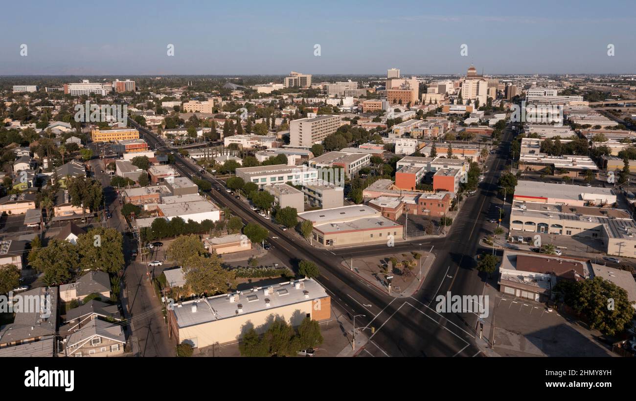 Vista al tramonto del centro storico di Fresno, California, USA. Foto Stock