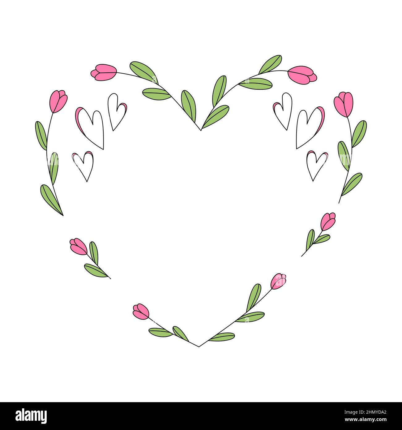 Cornice San Valentino a forma di cuore con fiori in stile cartone animato.  Illustrazione vettoriale isolata su sfondo bianco. Simbolo d'amore per il  matrimonio, biglietto d'auguri Immagine e Vettoriale - Alamy