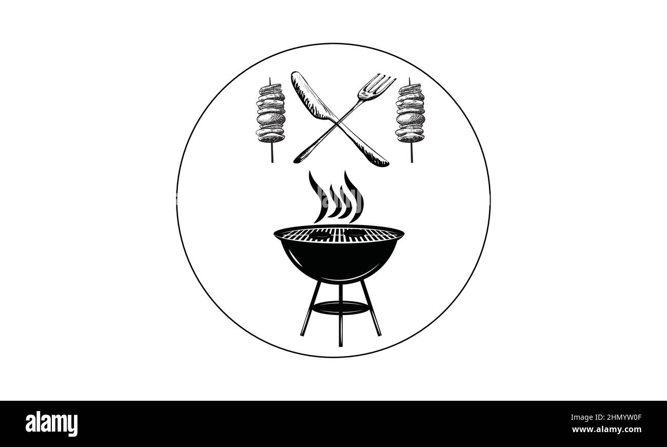 Icona degli strumenti per barbecue o grigliate. Forchetta per barbecue con spatola, pane e bicchieri. Salsiccia su una forchetta. Illustrazione vettoriale. Illustrazione Vettoriale