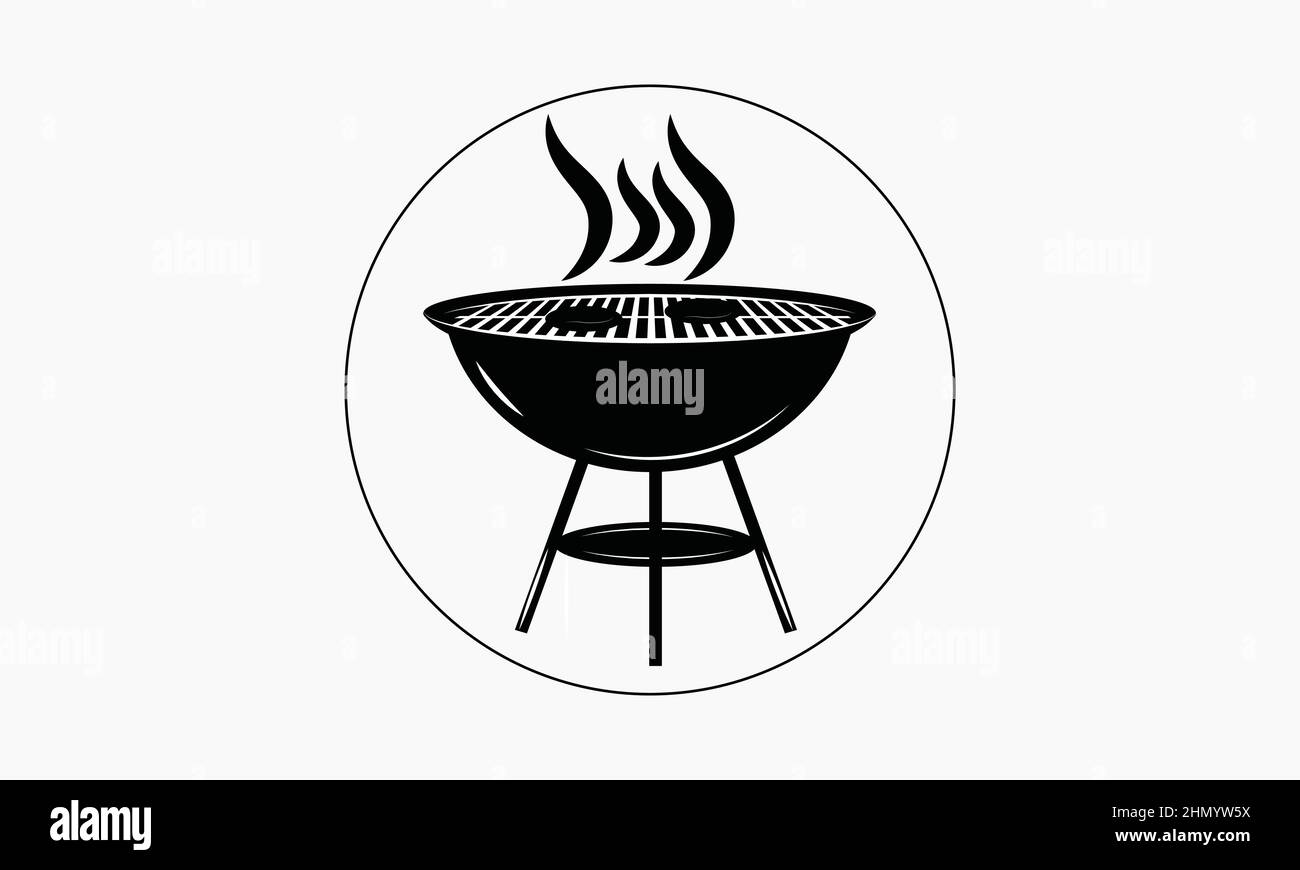 Icona degli strumenti per barbecue o grigliate. Forchetta per barbecue con spatola, pane e bicchieri. Salsiccia su una forchetta. Illustrazione vettoriale. Illustrazione Vettoriale