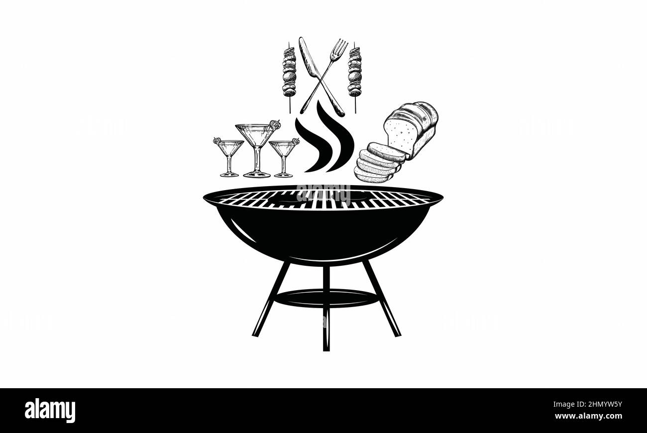 Icona degli strumenti per barbecue o grigliate. Forchetta per barbecue con spatola, pane e bicchieri. Salsiccia su una forchetta. Illustrazione vettoriale. Illustrazione Vettoriale