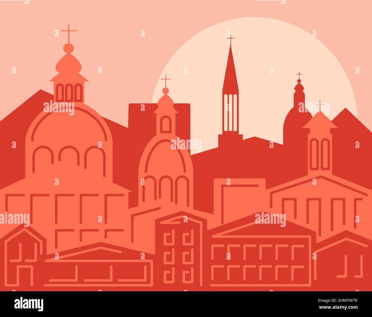 Roma è la capitale d'Italia. Tramonto città vecchia città paesaggio urbano. Architettura europea silhouette di fronte al sole. Stile piatto. Illustrazione Vettoriale
