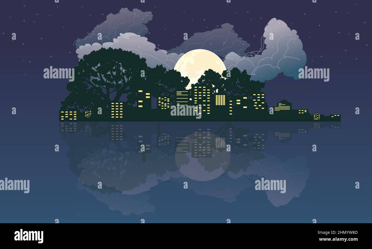 Illustrazione vettoriale della silhouette della strada notturna della città con finestra chiara e ponte su sfondo cielo blu scuro con nuvola e luna piena luccicante. Illustrazione Vettoriale