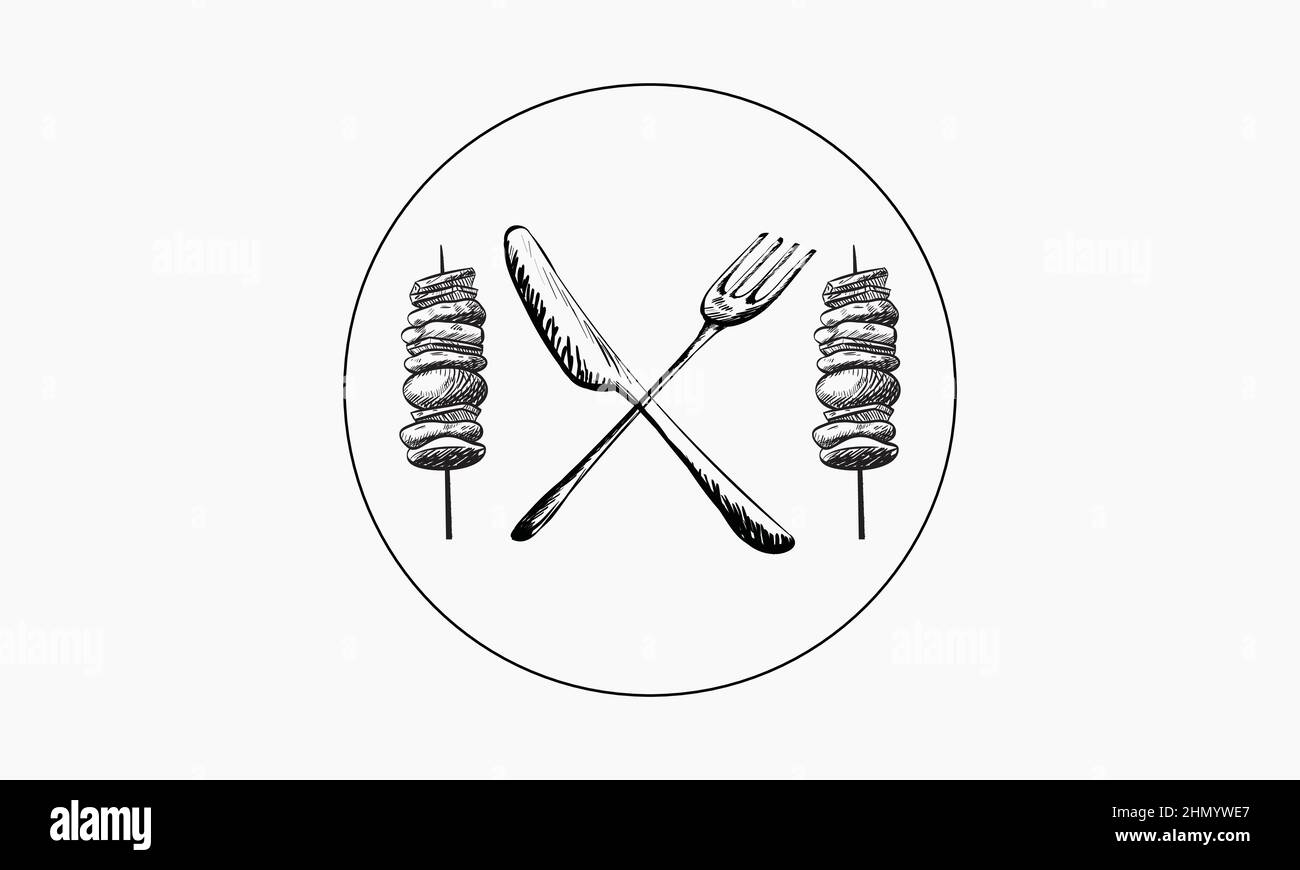 Icona degli strumenti per barbecue o grigliate. Forchetta per barbecue con spatola, pane e bicchieri. Salsiccia su una forchetta. Illustrazione vettoriale. Illustrazione Vettoriale