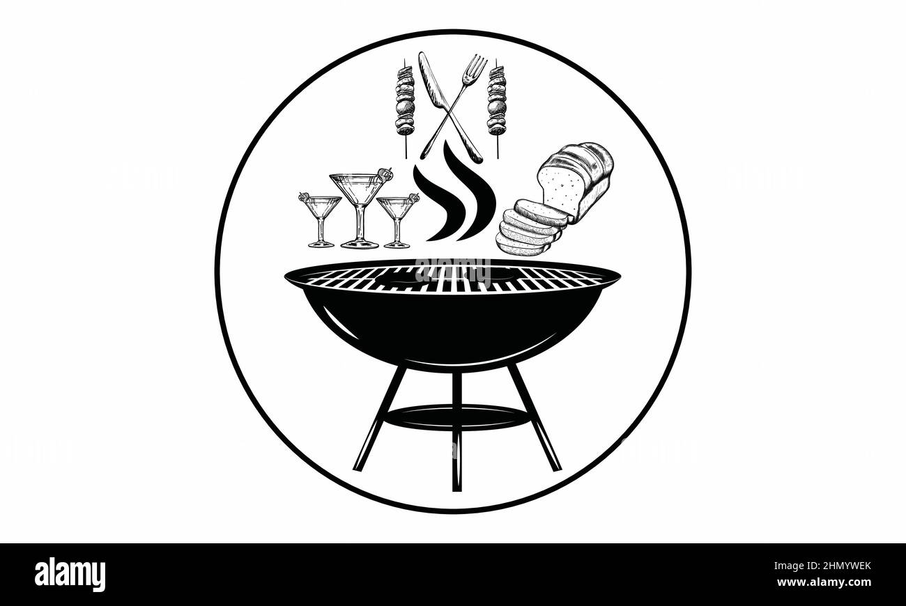 Icona degli strumenti per barbecue o grigliate. Forchetta per barbecue con spatola, pane e bicchieri. Salsiccia su una forchetta. Illustrazione vettoriale. Illustrazione Vettoriale