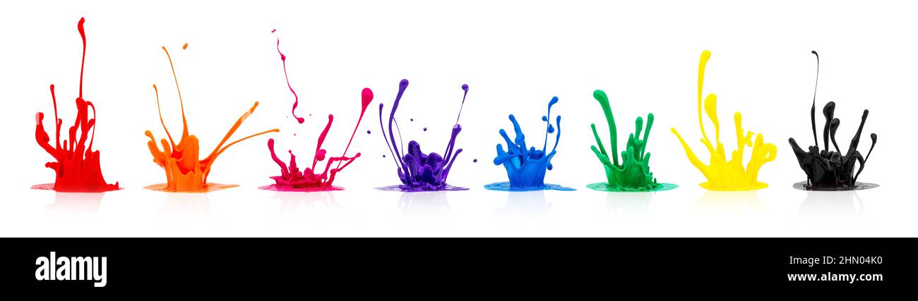 Schizzi di vernice colorata isolati su bianco Foto Stock