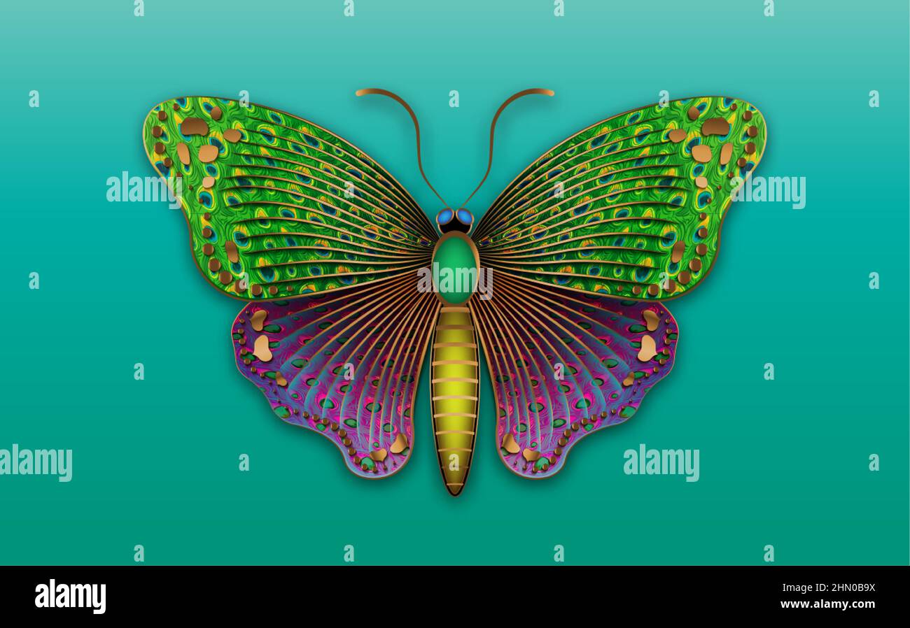 Oro lusso decorativo Butterfly colorful peacock texture, gioiello logo modello illustrazione. Design vettoriale per stampe di moda, poster e biglietti Illustrazione Vettoriale