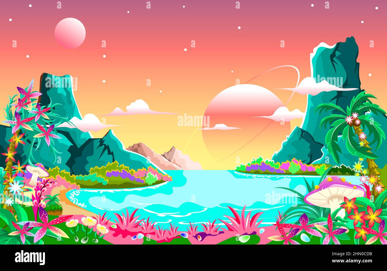 Paesaggio cartoon con piante e fiori vari. Spiaggia. Baia circondata da montagne. Nuvole e pianeti sono visibili nel cielo rosa. Illustrazione Vettoriale