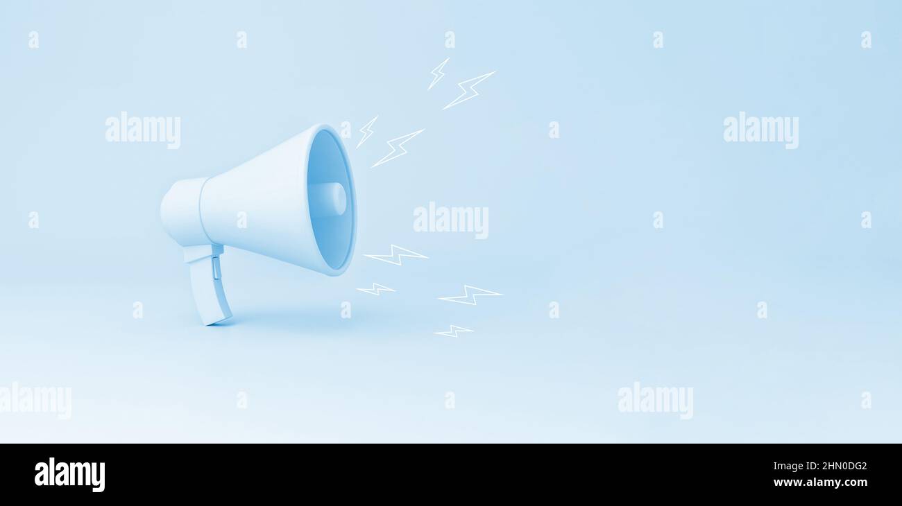 Megafono con illustrazioni luminose su sfondo pastello blu. 3D rendering. Foto Stock