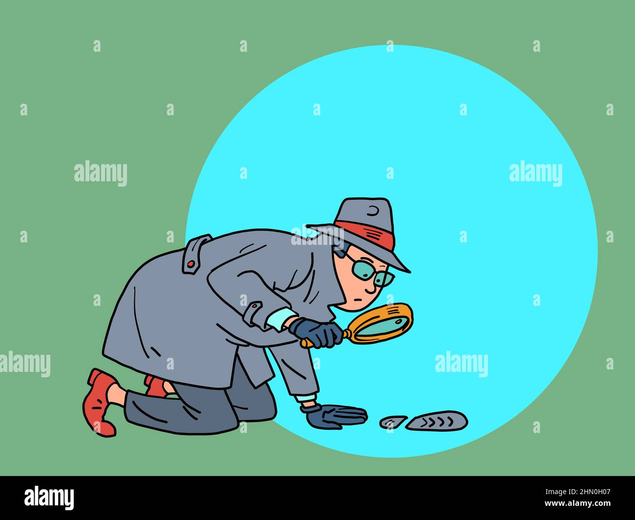Un detective con una lente d'ingrandimento esamina le tracce, un detective privato, un uomo in un cappotto, cappello e occhiali Illustrazione Vettoriale
