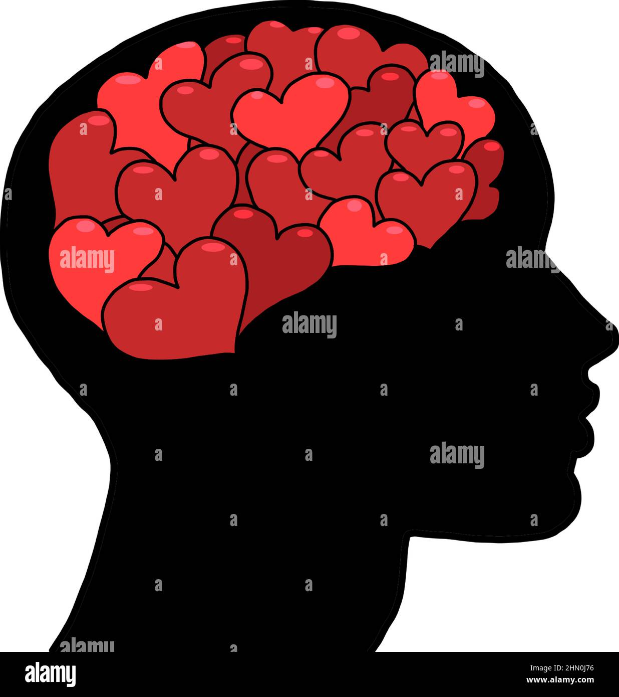 Cuore rosso San Valentino amore romanticismo pensieri nella silhouette della testa, sogni. Illustrazione Vettoriale