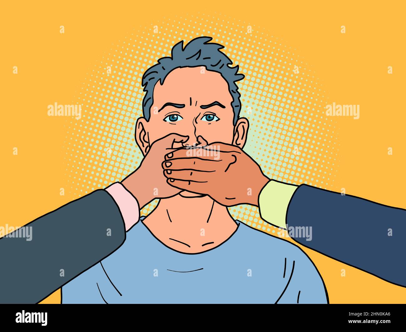 le mani coprono la bocca di una persona, la censura e le restrizioni alla libertà di parola Illustrazione Vettoriale