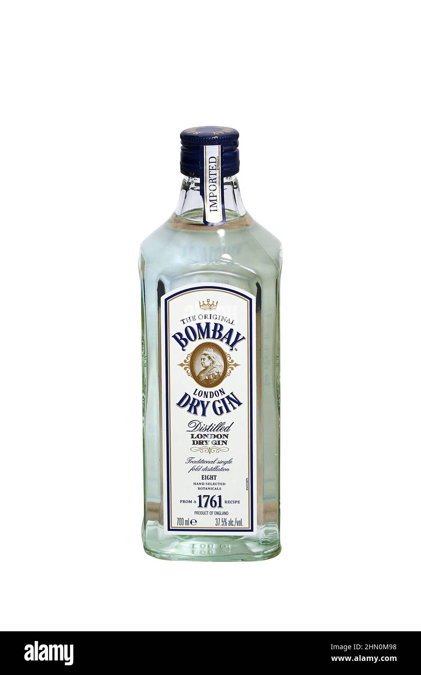 Bruxelles, Belgio -12 febbraio 2022; bottiglia di Bombay Dry Gin. Originale e distillato a Londra Foto Stock