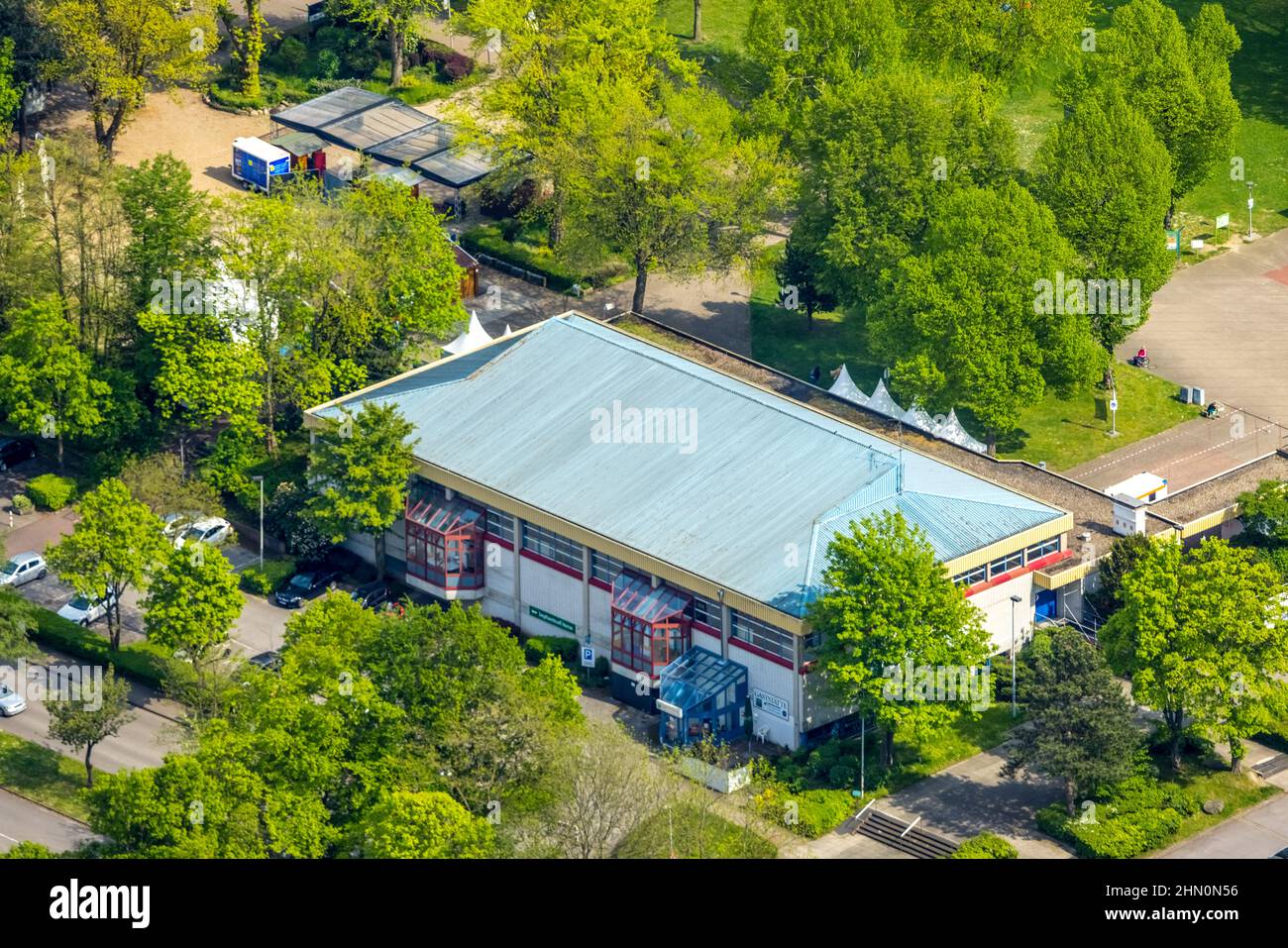 Foto aerea, attuale centro di vaccinazione nella sala sportiva di Revierpark Gysenberg, Börnig, Herne, zona della Ruhr, Renania settentrionale-Vestfalia, Germania, Corona Foto Stock