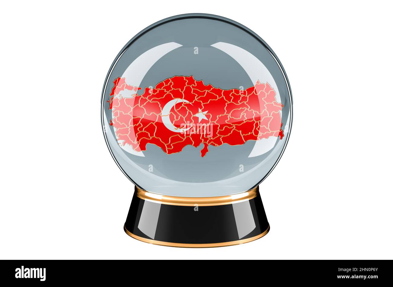 Sfera di cristallo con mappa turca. Previsione e previsione per la Turchia, concetto. 3D rendering isolato su sfondo bianco Foto Stock