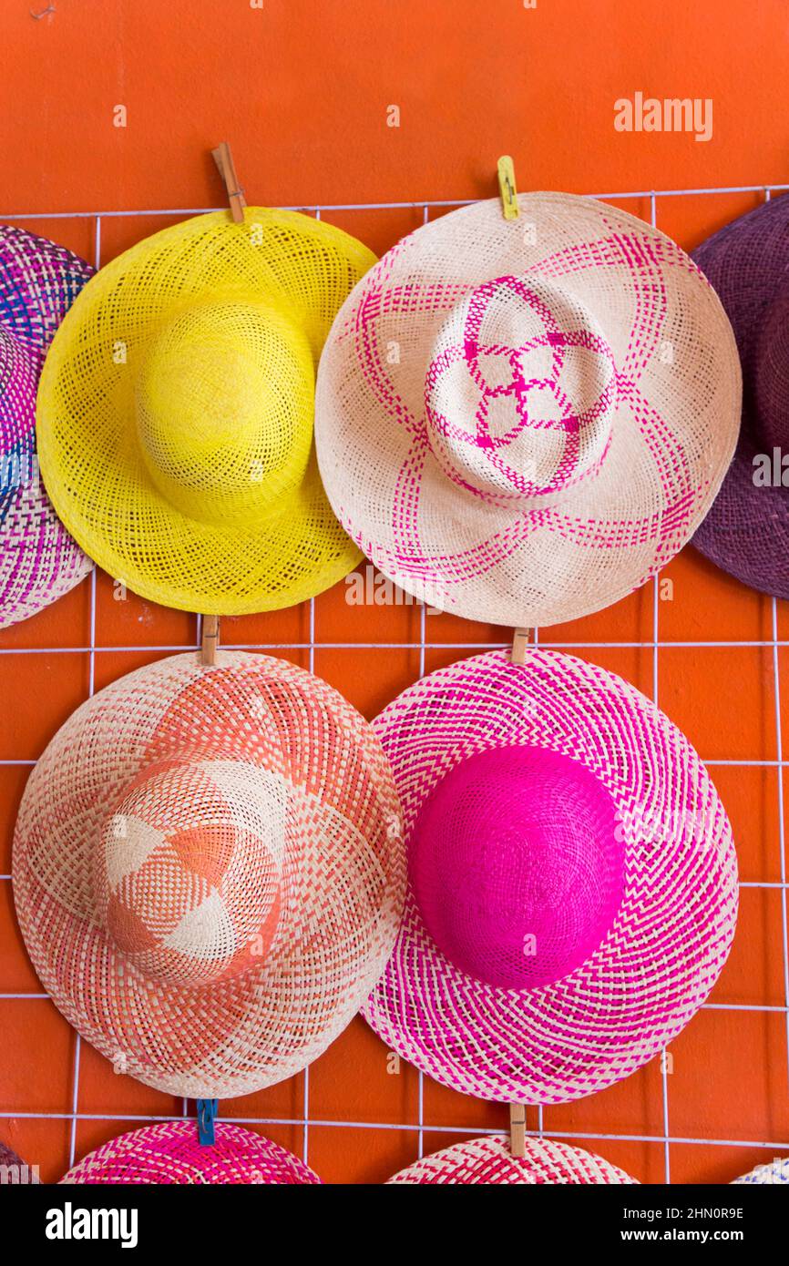 Cappelli di palma di Jipi (denominati cappelli di Panama), Becal, Stato di Campeche, Messico Foto Stock