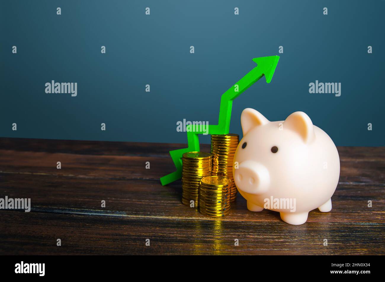 Piggy banca e denaro. Crescita dei risparmi e delle attività immobiliari. Arricchimento e ricchezza. Investimento redditizio riuscito. Fondo pensioni. Deposito bancario. R Foto Stock