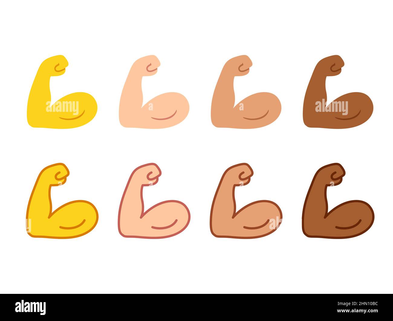 Set di icone emoji bicep flesso. Forte simbolo del braccio in due stili, cartoon delineato e piatto. Colore della pelle diverso. Illustrazione vettoriale. Illustrazione Vettoriale