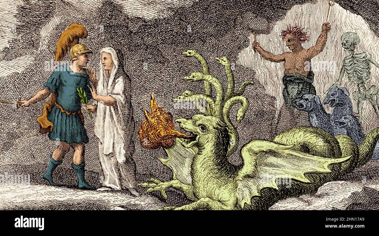 AENEID un'illustrazione del 18th secolo dell'episodio del Libro VI del poema epico di Virgilio con la sacerdotessa Sibil Cumaea di fronte all'ingresso dell'Underworld Foto Stock