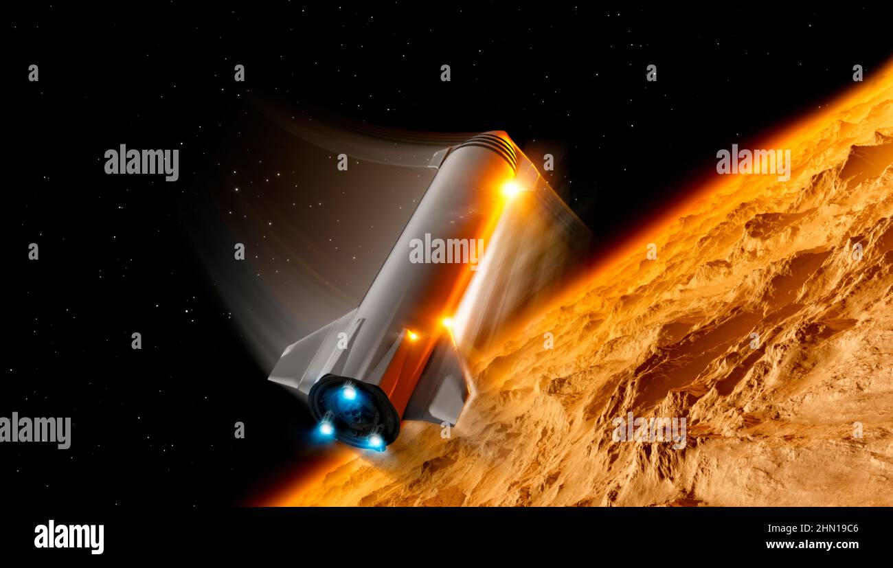 Veicolo spaziale Starship che atterra su Marte. Scudo termico del veicolo. Viaggi interplanetari verso nuovi mondi. Atmosfera marziana Foto Stock