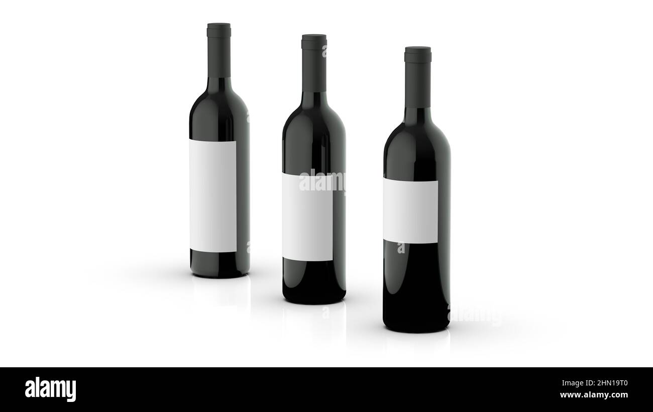 Bottiglia di vino Mock-Up - 3D rendering. Etichetta vuota. Stile realistico su sfondo bianco. Può servire come layout per la progettazione e la pubblicità di un professionista Foto Stock