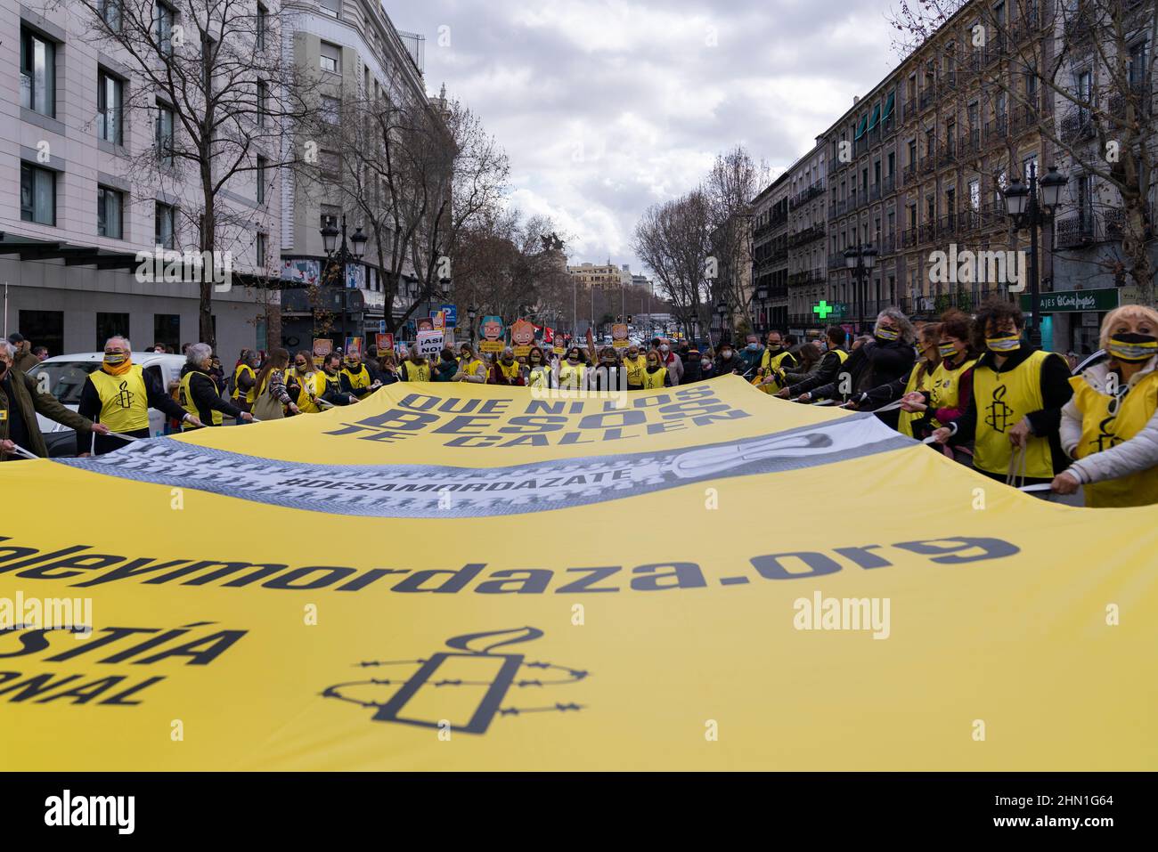 Madrid, Spagna. 13th Feb 2022. I dimostranti hanno una grande bandiera di Amnesty International durante una protesta contro la controversa legge sulla sicurezza nota come "legge Gag" a Madrid. (Foto di Guillermo Gutierrez Carrascal/SOPA Images/Sipa USA) Credit: Sipa USA/Alamy Live News Foto Stock