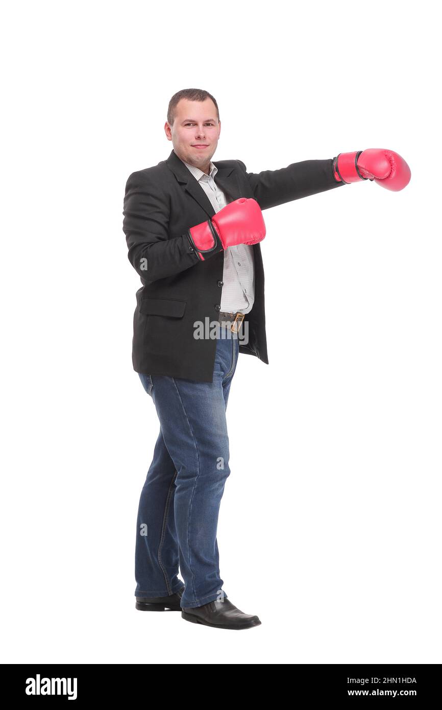 Profilo di successo uomo d'affari punzonatura e colpire con guanti da boxe  in tutta lunghezza isolato su sfondo bianco Foto stock - Alamy