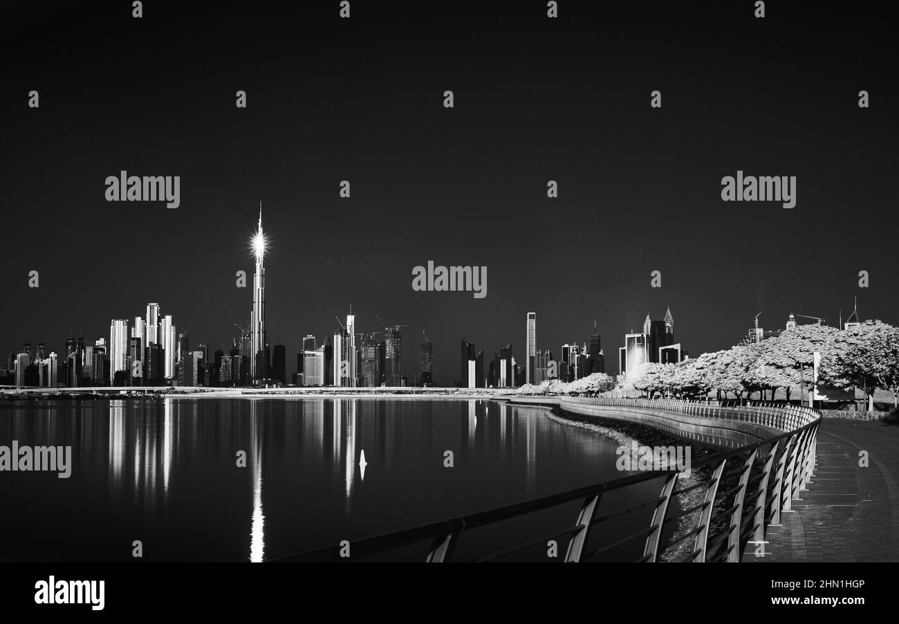 Foto in scala di grigi di edifici a Dubai con illuminazione notturna. Foto Stock