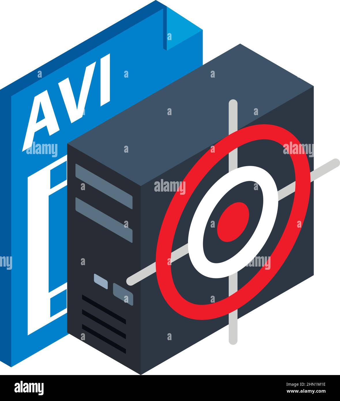 Icona di perdita di informazioni vettore isometrico. Unità di sistema con destinazione, icona file AVI. Sicurezza dei dati, tecnologia digitale, criminalità informatica Illustrazione Vettoriale
