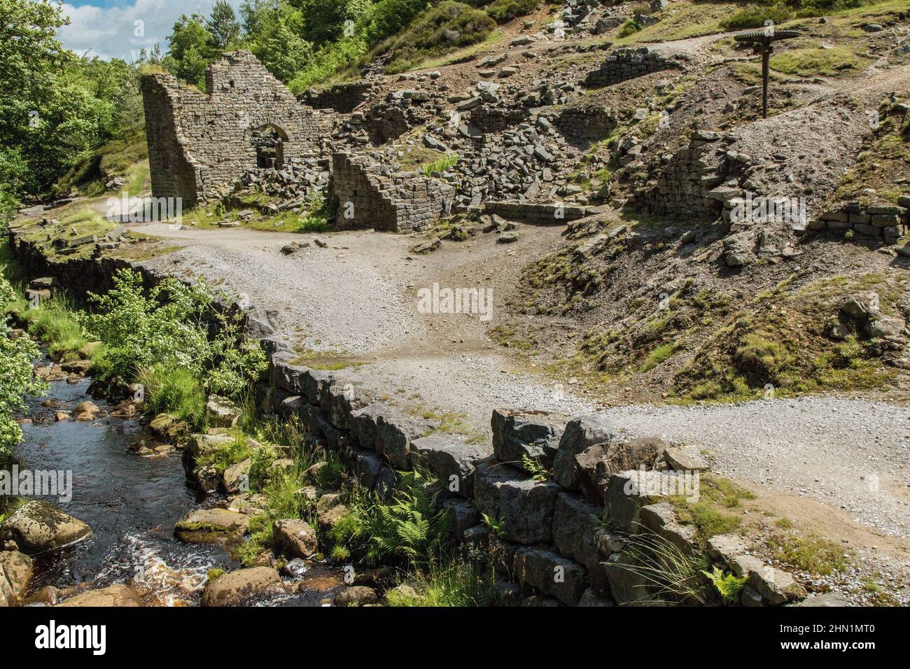 Valle a Nidderdale, Inghilterra, con l'ex sito di una fiorente miniera di piombo e le rovine di un mulino di fusione sulle rive di Ashfoldside Beck. Foto Stock