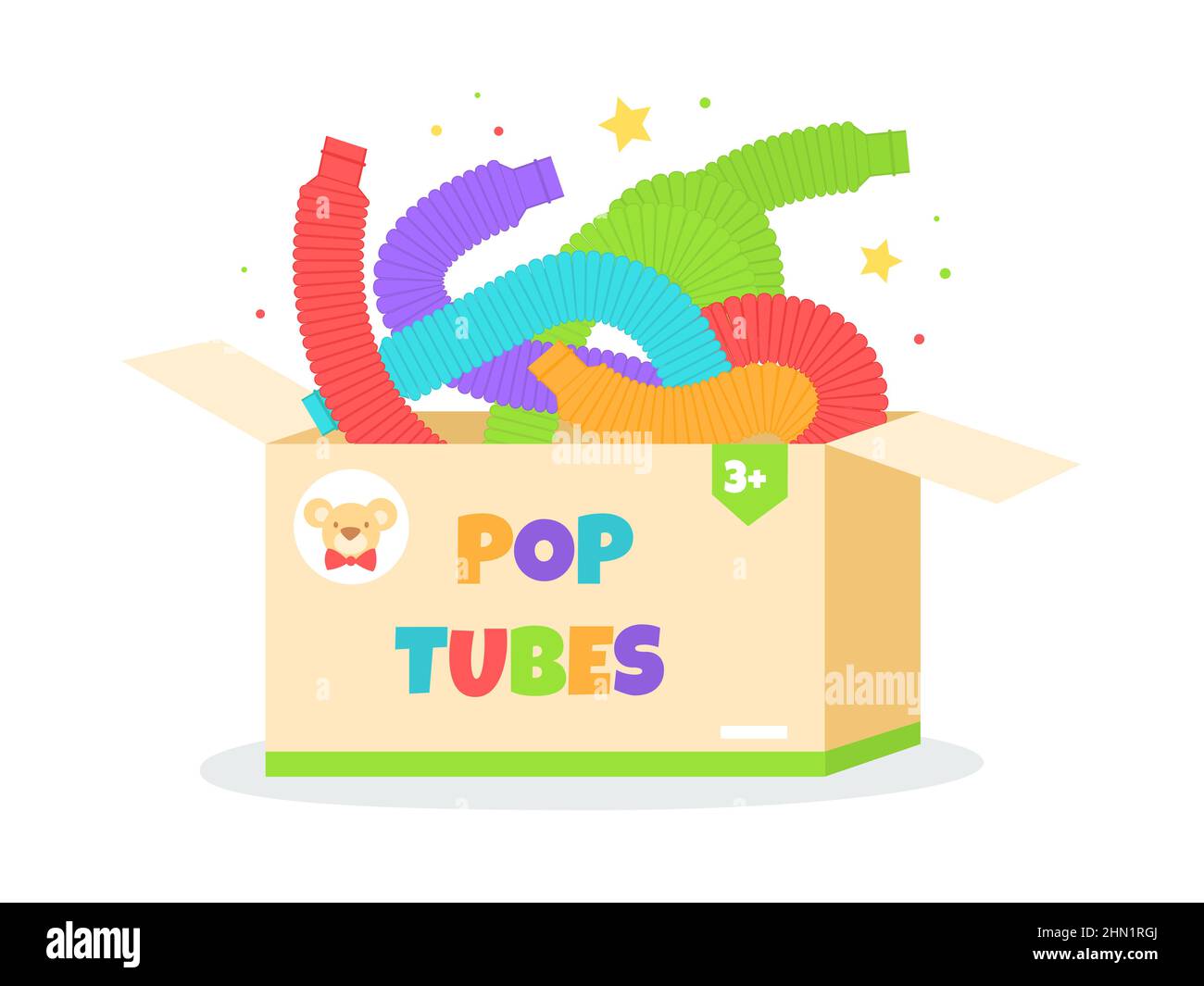 Aprire le provette nella confezione. Giocattoli sensoriali colorati in plastica infantile, tubi corrugati flessibili antistress, forme diverse piegate in contenitori di cartone Illustrazione Vettoriale