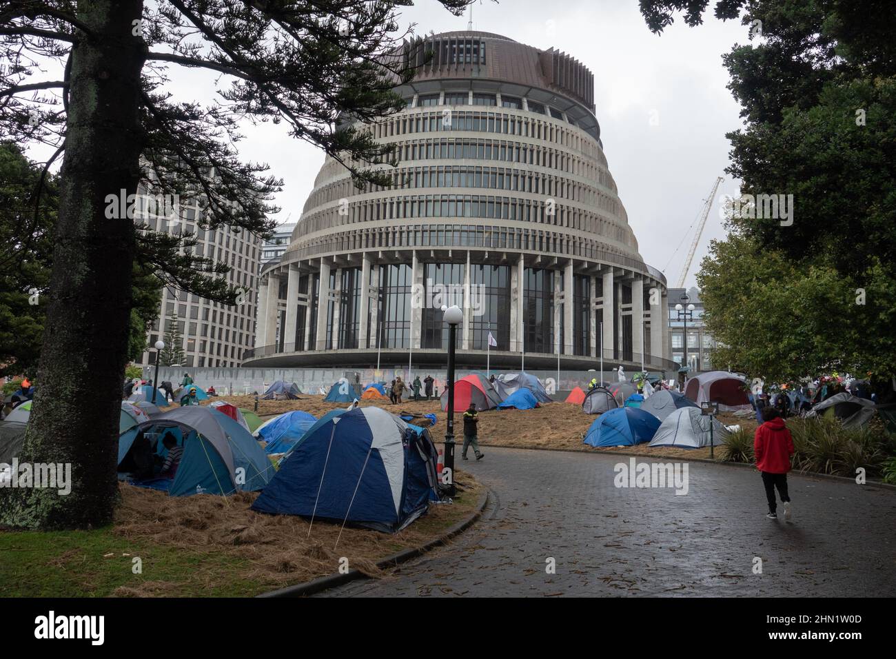 Le tende si sono accampate di fronte all'alveare e al parlamento per la protesta del mandato vaccinale covid a Wellington, Nuova Zelanda, 13 febbraio 2022 Foto Stock
