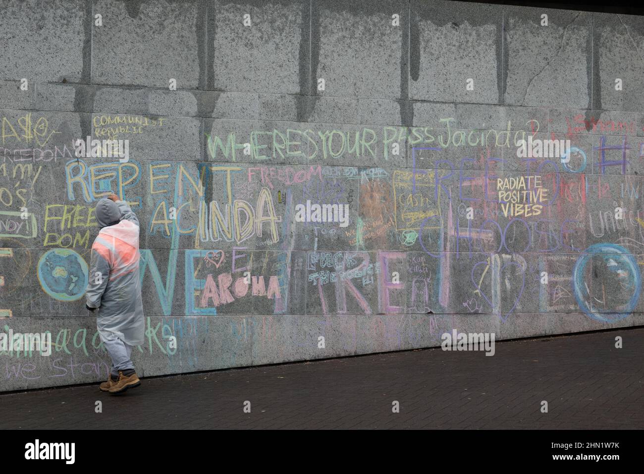 I manifestanti attingono a un muro contro la protesta del mandato vaccinale covido al di fuori del parlamento a Wellington, Nuova Zelanda, 13 febbraio 2022 Foto Stock