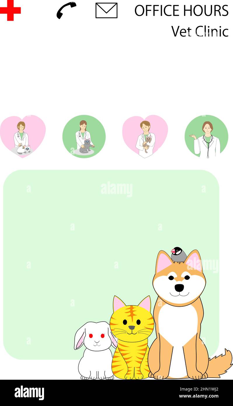Modello del poster per la clinica veterinaria: Donna veterinaria, uno Shiba Inu, un gatto tabby, coniglietto, e un passero java e icone. Foto Stock
