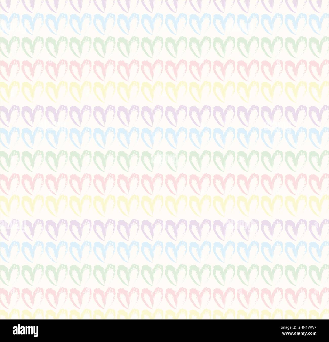 Motivi senza cuciture di cuori semplici disegnati a mano in colori pastello arcobaleno su sfondo beige e neutro Foto Stock