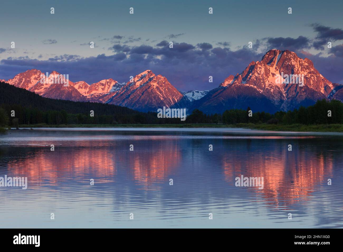 Oxbow Bend con Alpen Glow sul Monte Moran in background, all'alba, giugno, Grand Teton NP, Wyoming, USA Foto Stock