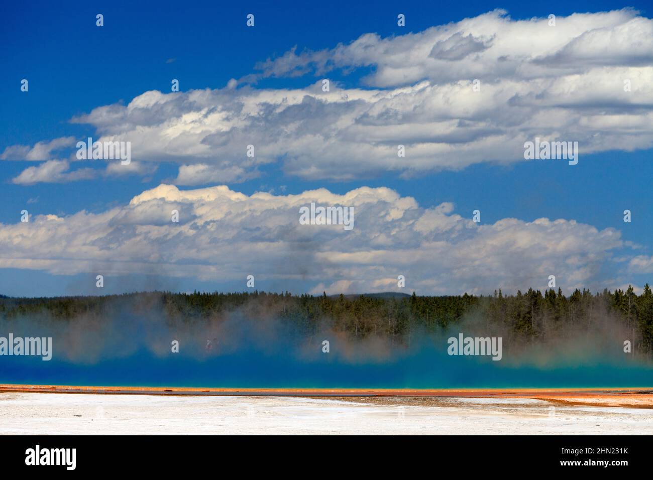 Vapore che sale dalla primavera prismatica Grand, dal bacino del geyser Midway, da Yellowstone NP, Wyoming Foto Stock