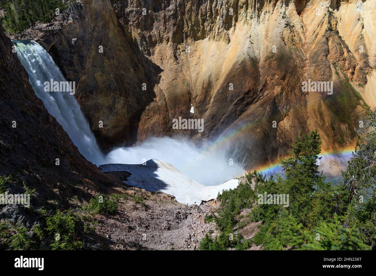 Rainbow at Lower Falls e Yellowstone Grand Canyon, Yellowstone NP, Wyoming, USA Foto Stock
