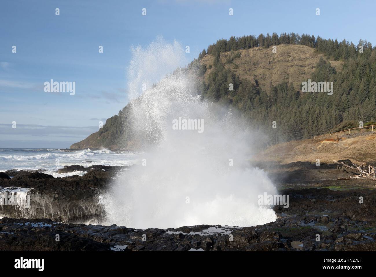 Ocean spray, da un'onda che si scontra con una terrazza marina edificata. Capo Perpetua, Oregon, sullo sfondo. USA Foto Stock