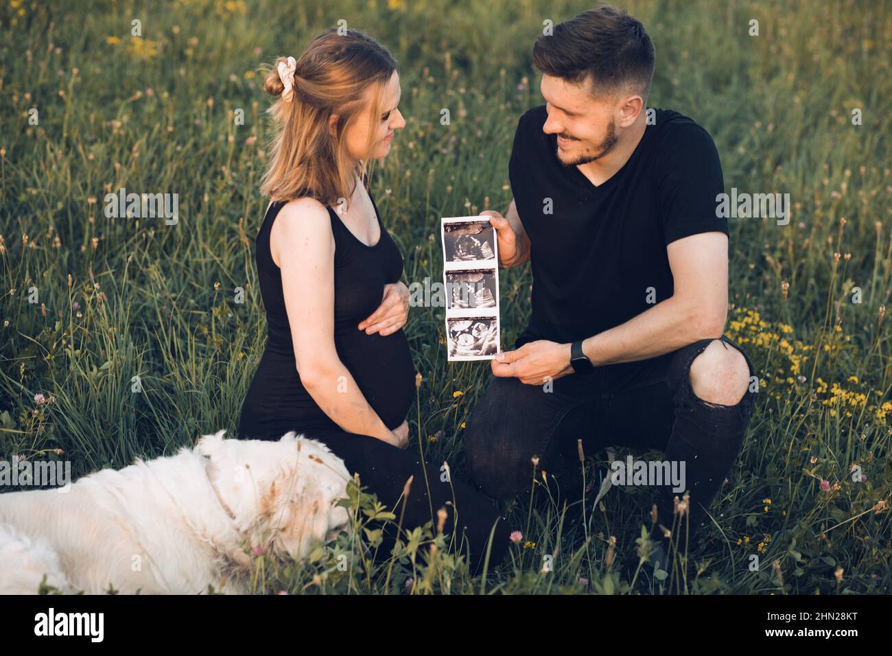 Giovane moglie incinta e marito che camminano al prato, tenere foto ecografiche. Coppia in attesa del bambino, relax con il cane Foto Stock