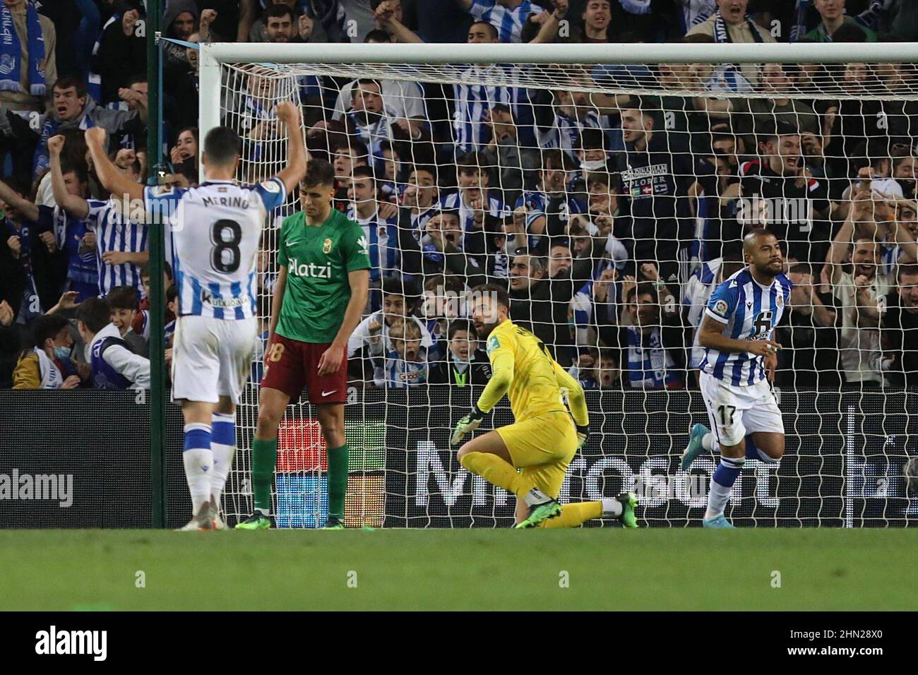 Donostia, Spagna. 13th Feb 2022. 13th febbraio 2022; reale Arena; Donostia; Pais Vasco; Spagna; Primera Division; LaLiga Santander 2021 - 2022; Real Sociedad vs Granada; Rafinha Alcantara (Real Sociedad) segna l'obiettivo 900/Cordon Press Credit: CORDON PRESS/Alamy Live News Foto Stock