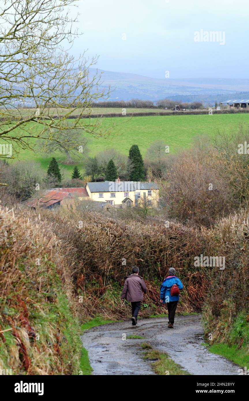 Due persone che camminano sotto la pioggia vicino a Broadwood Kelly, a metà Devon, nel mese di aprile Foto Stock