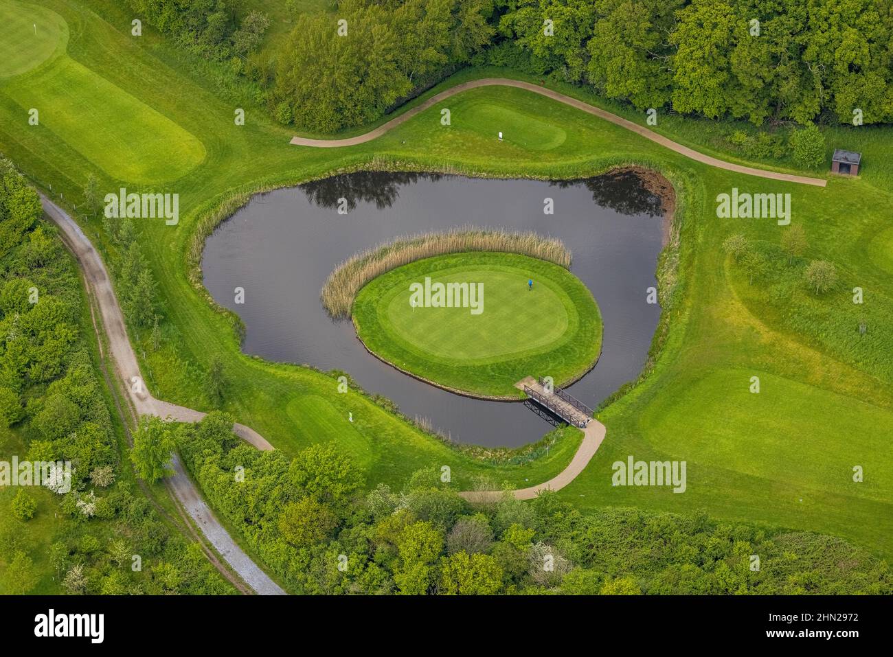 Vista aerea, campo da golf club Mülheim an der Ruhr, campo da golf nello stagno, Saarn - Sud, Mülheim an der Ruhr, zona della Ruhr, Renania settentrionale-Vestfalia, Foto Stock