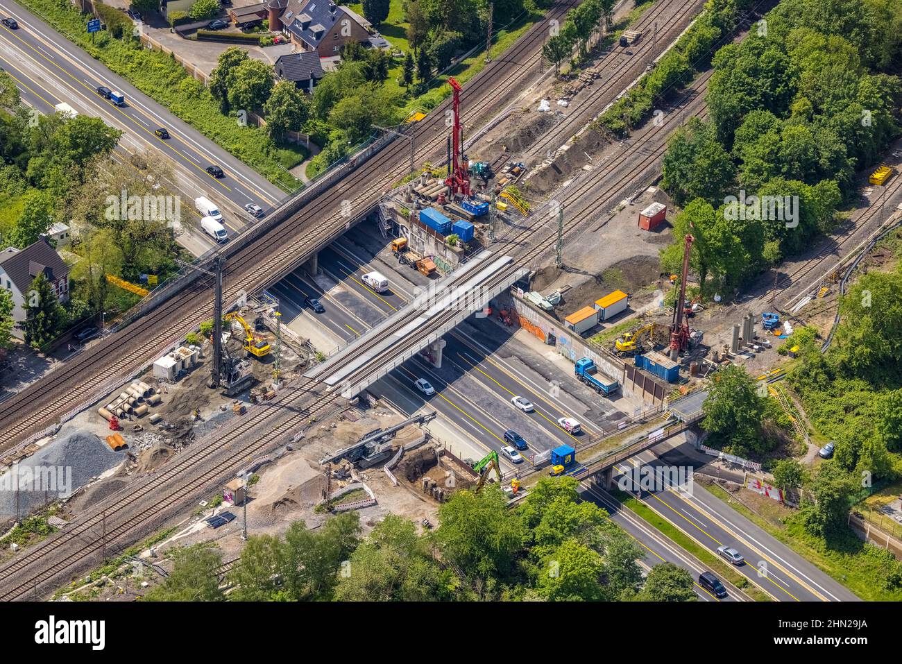 Vista aerea, cantiere dopo ponte incendio autostrada 40, ristrutturazione ponti ferroviari, Styrum, Mülheim an der Ruhr, zona della Ruhr, Renania settentrionale-Westp Foto Stock