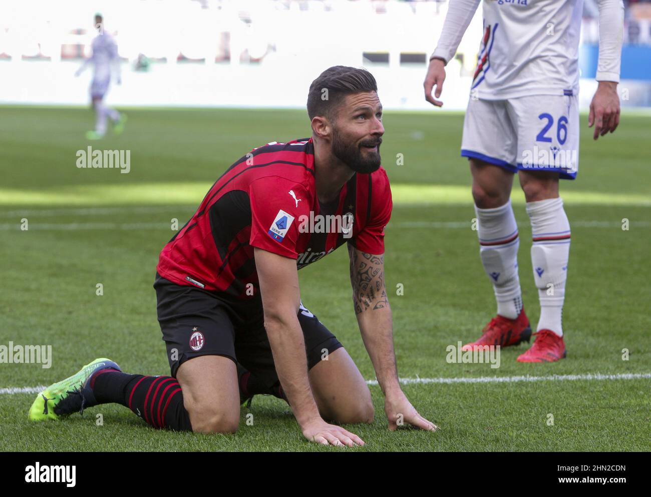 MILANO ITALIA- Febbraio 13 Stadio G Meazza Oliver Giroud durante la Serie A match tra AC Milan e Sampdoria allo Stadio G. Meazza il 13 20 Febbraio Foto Stock