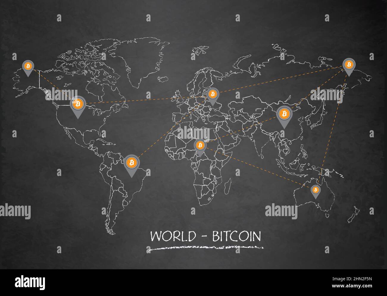 Mappa del mondo, rete di bitcoin e puntatore di posizione, scheda di disegno vettore lavagna lavagna Illustrazione Vettoriale