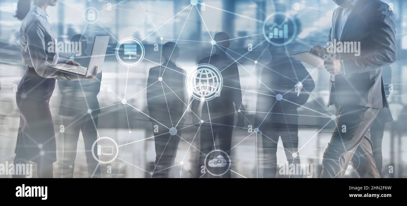 Progetto di comunicazione. Grafica sullo sfondo dei lavoratori in ufficio. Foto Stock