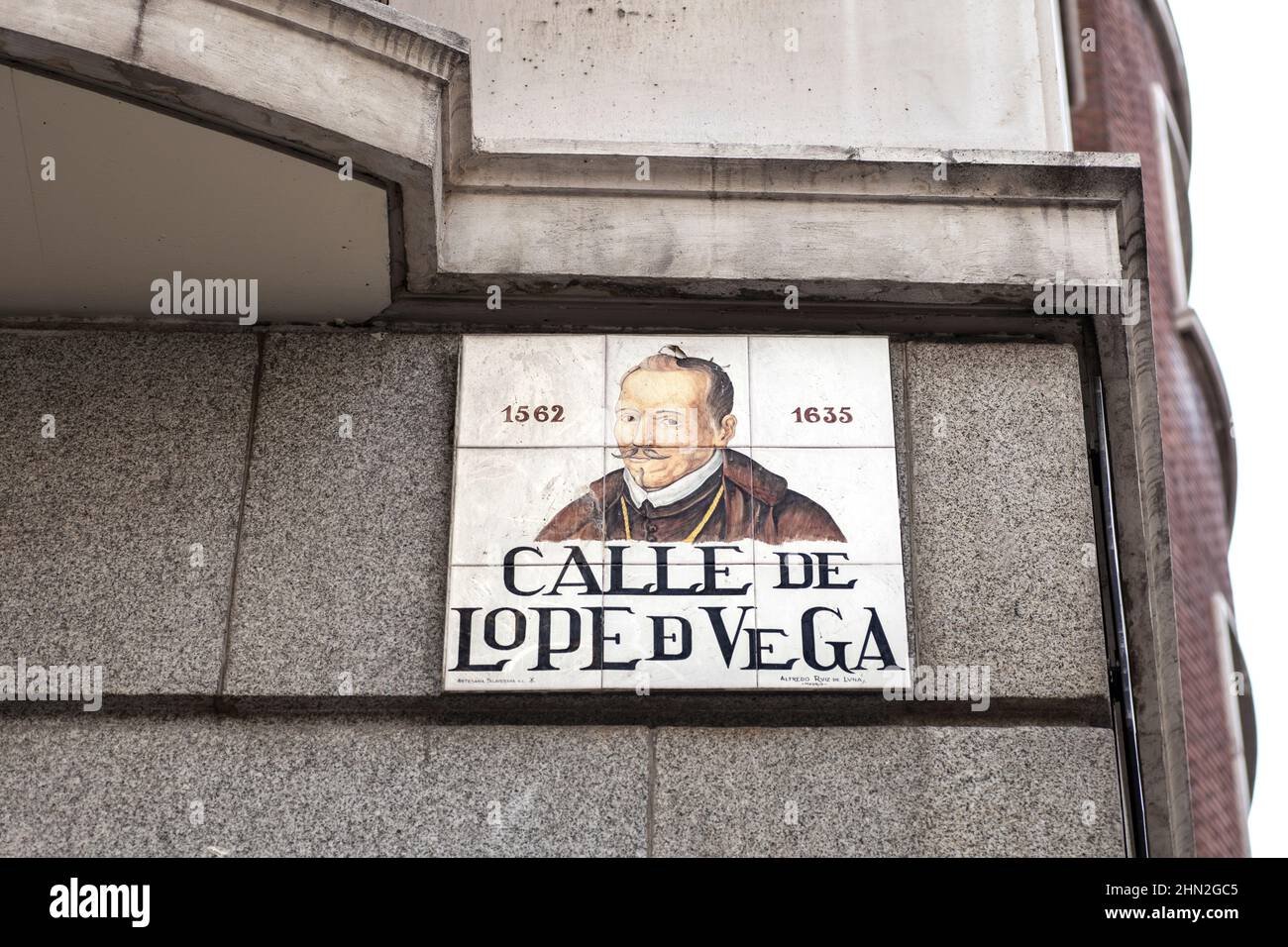 Lope de Vega, figura chiave dell'epoca d'oro spagnola della letteratura. Targa di strada al quartiere letterario di Madrid Foto Stock
