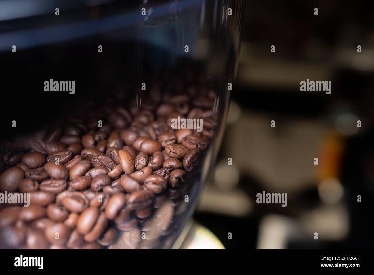 caffè appena arabica o di caffè marrone robusta con attrezzatura di tostatura in vetro al bar Foto Stock
