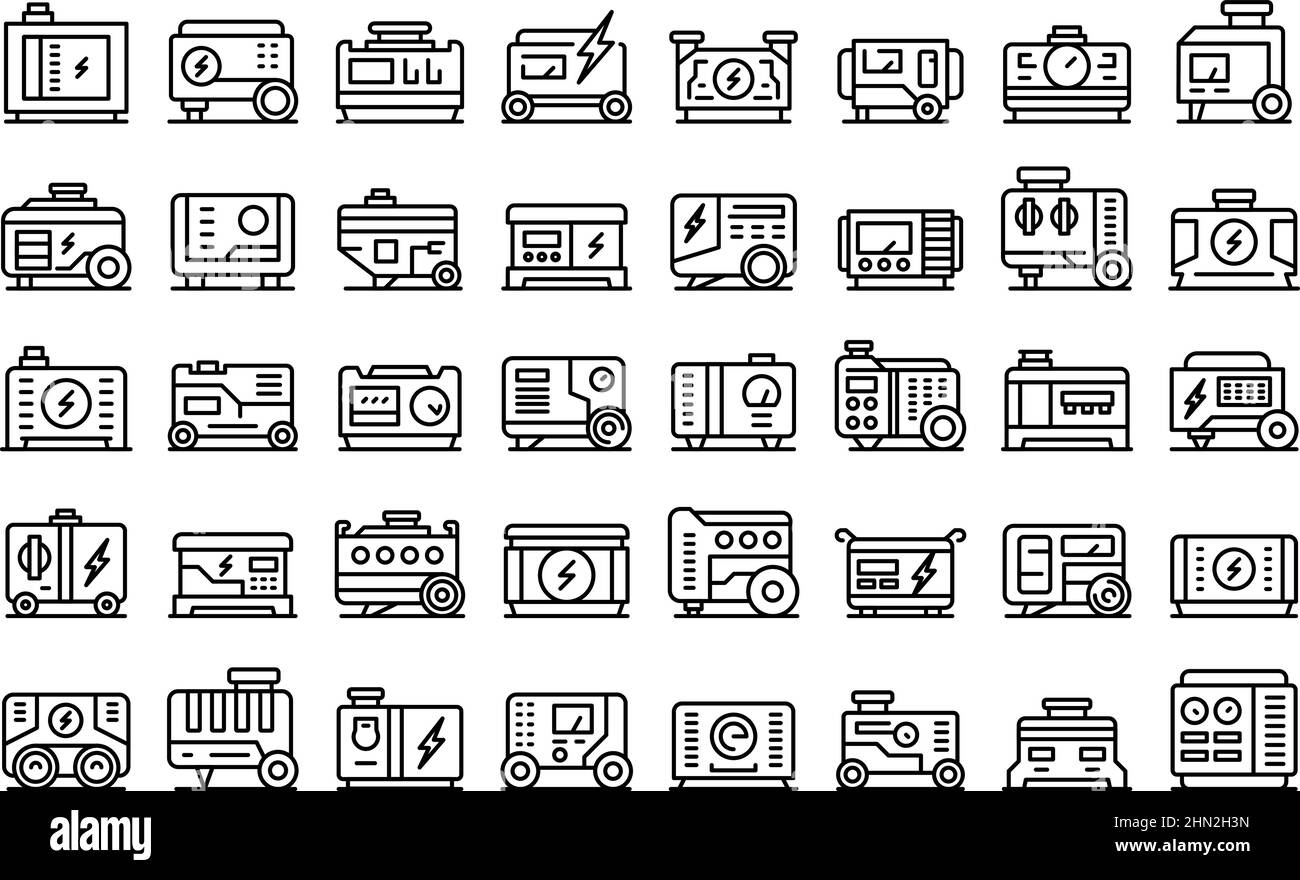 Le icone del generatore di potenza impostano il vettore di contorno. Motore elettrico. Potenza diesel Illustrazione Vettoriale